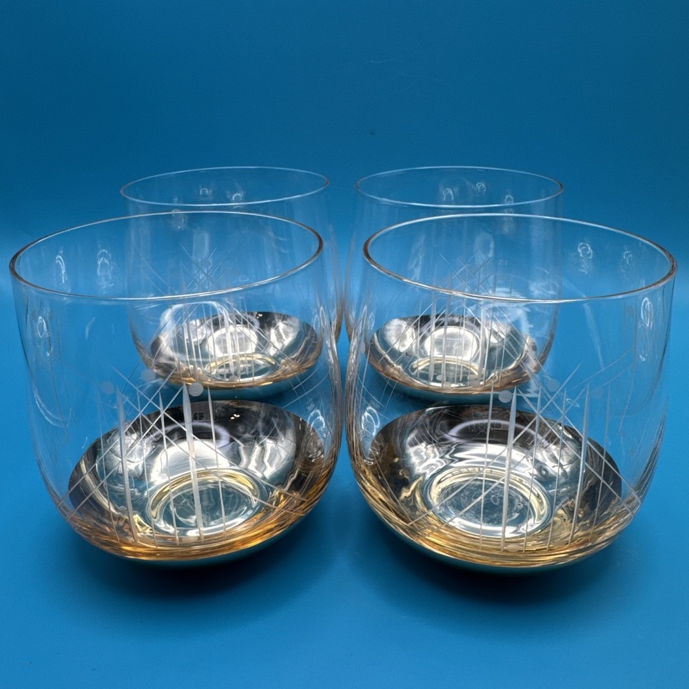 Anthropologie Stemless Wine Glass Art Deco Etched w Gold Band Bottom Set of 4